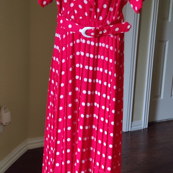 Megan Moore Vintage Polka Dots Pleated Red Dress - Picture 6 of 10